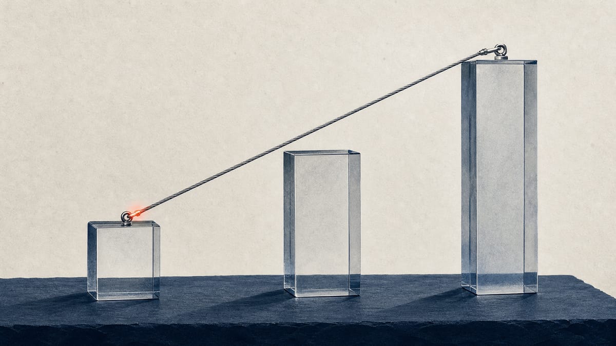 Abstract illustration of three ascending glass pricing tiers linked by a taut cable, representing competing takeover bids pulling against each other.