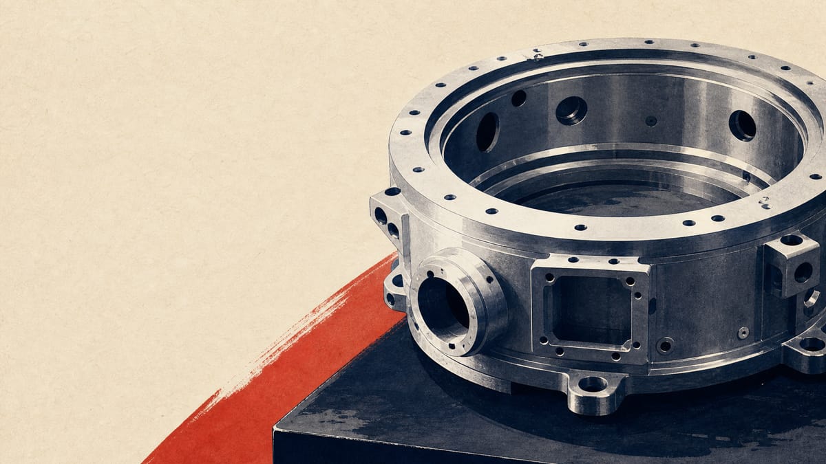 Close-up of a large cast-aluminum vacuum chamber component used in semiconductor manufacturing equipment, photographed on an industrial factory floor.