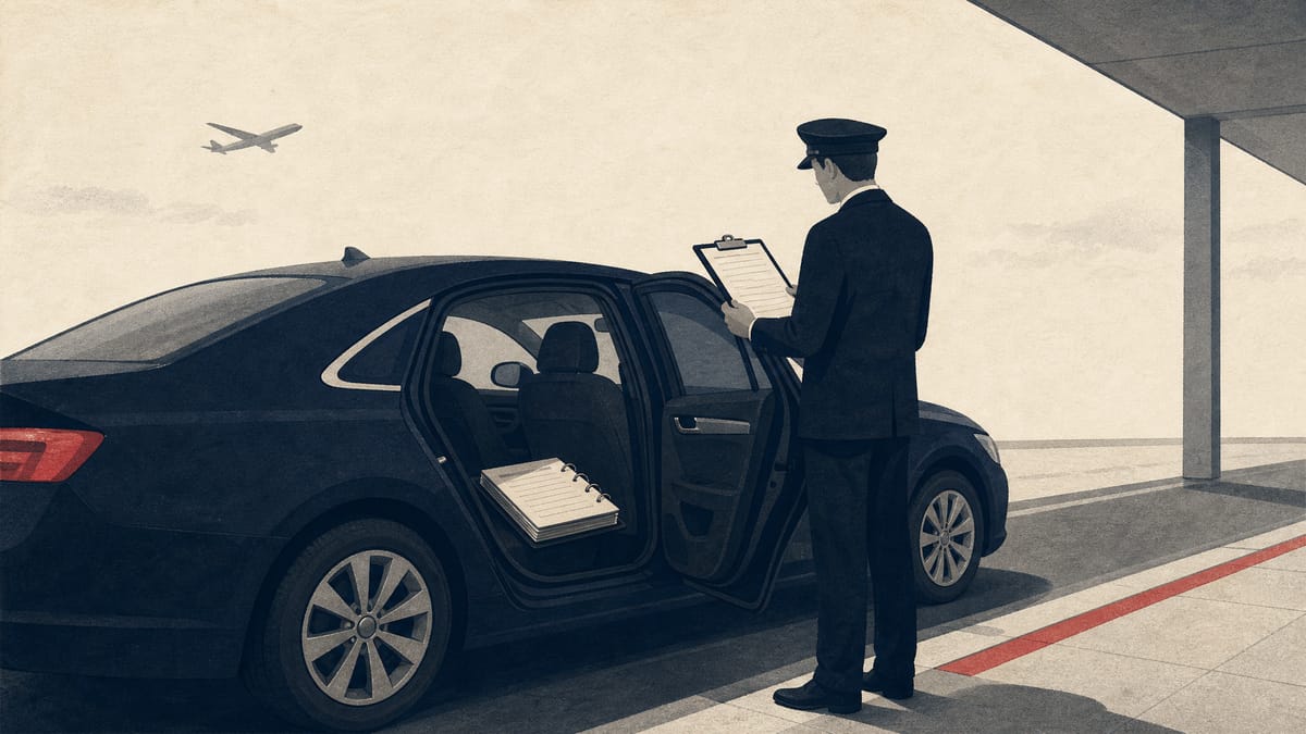 A hire-car driver at an airport curb holding a paper transport record beside the vehicle, illustrating new Japanese documentation rules for hire-car pickups.