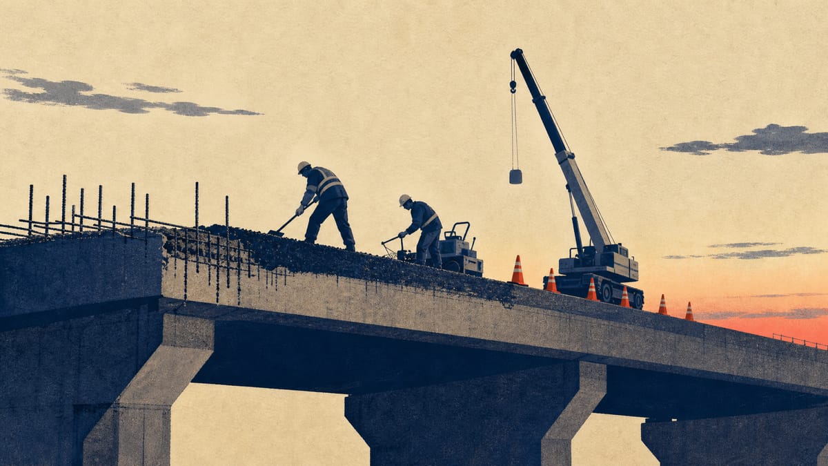 Photo-style illustration of workers and machinery repairing an elevated expressway span, representing the highway maintenance funded by the bond issue.