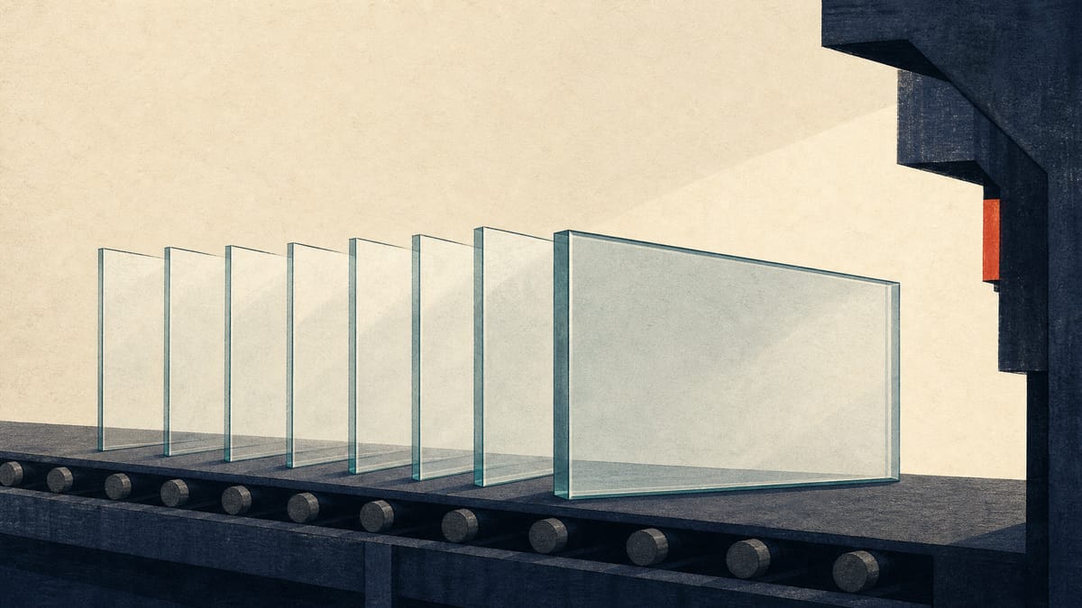 Illustration of glass panes on a production line merging into a single thick pane, symbolizing a corporate share consolidation.