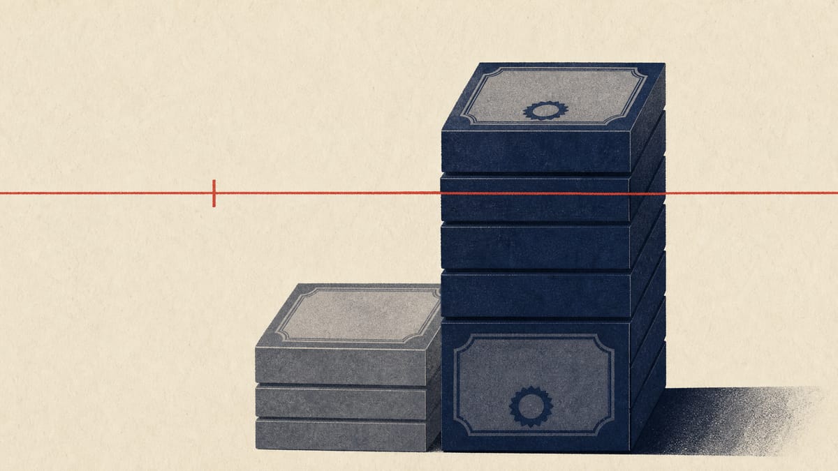 Editorial illustration of stacked share blocks crossing a percentage threshold line, representing an investor's rising ownership stake in a listed company.
