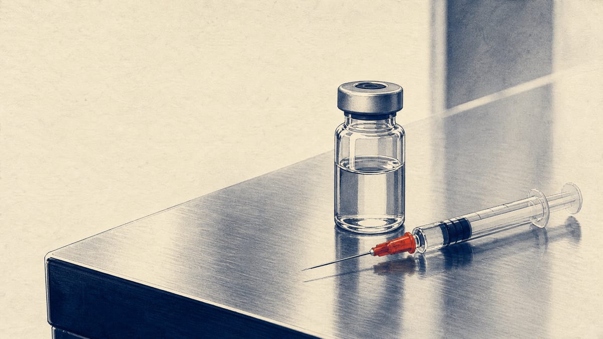 A sterile injection vial and syringe on a hospital pharmacy counter, representing a newly launched cancer therapy.