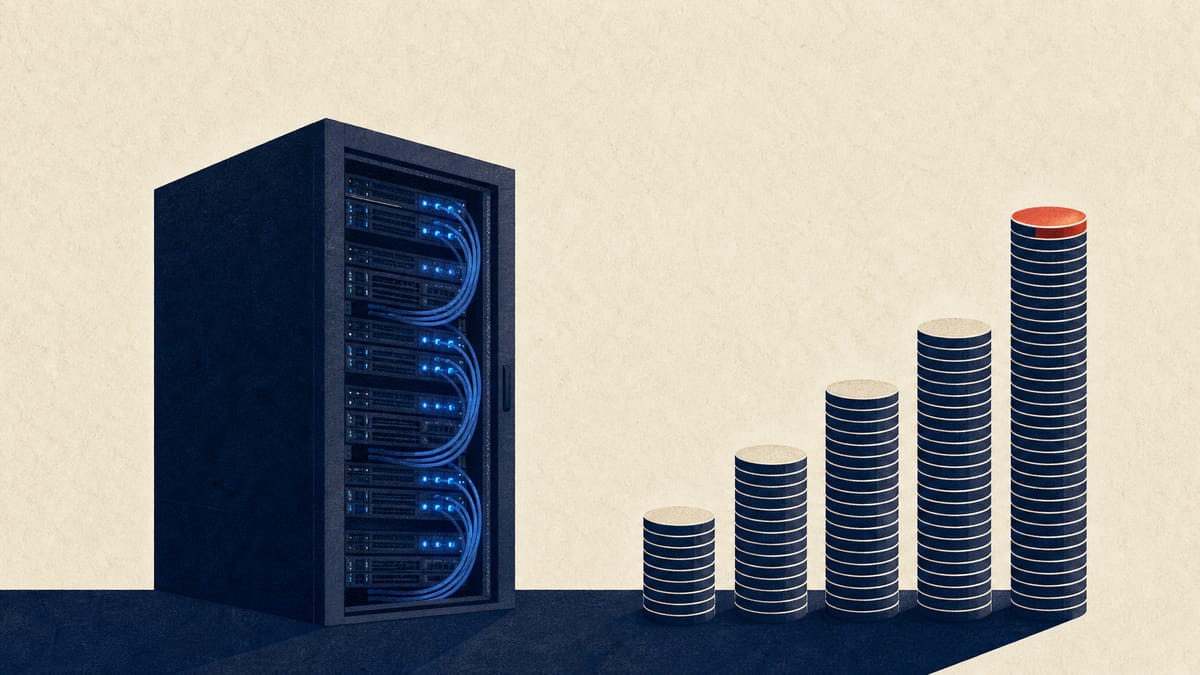 Illustration of server racks next to a rising bar chart made of coin-like discs, representing cloud revenue growth and a large dividend payout.