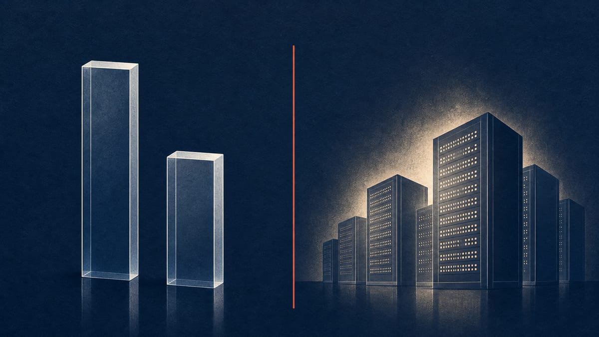 Editorial illustration of a dividend bar rising taller than a profit bar next to glowing server-rack silhouettes, symbolizing a company paying shareholders more than its net income while its cloud business expands.