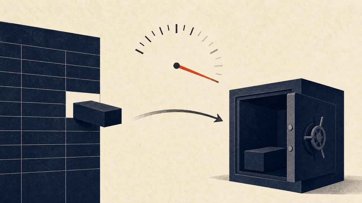 Abstract illustration of a shareholding block moving from an investor's ledger into a corporate treasury vault, with a percentage gauge falling toward zero.
