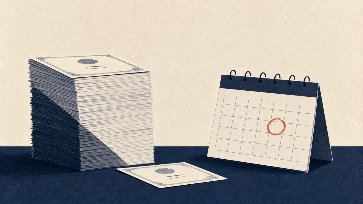 Editorial illustration of a large stack of share certificates shrinking to a single certificate next to a calendar page with one date circled, symbolizing a subsidiary wind-down and a delayed regulatory filing.