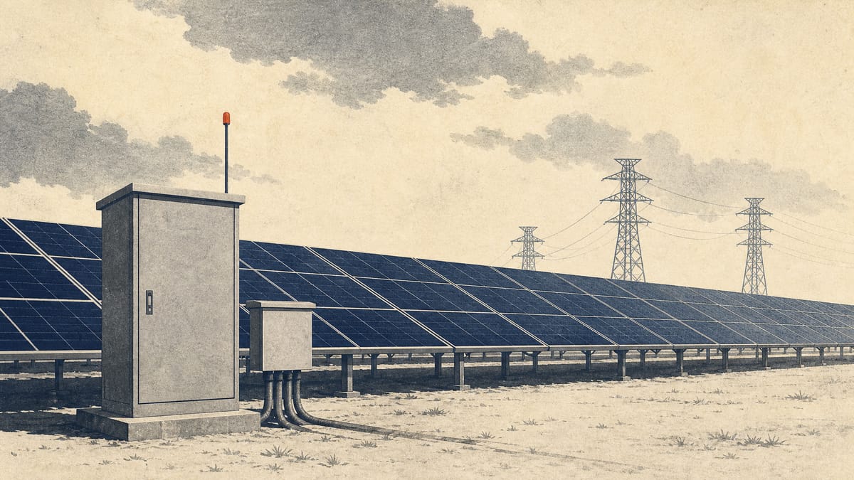 Ground-mounted solar panels with a grid curtailment control cabinet in the foreground and transmission pylons in the distance.