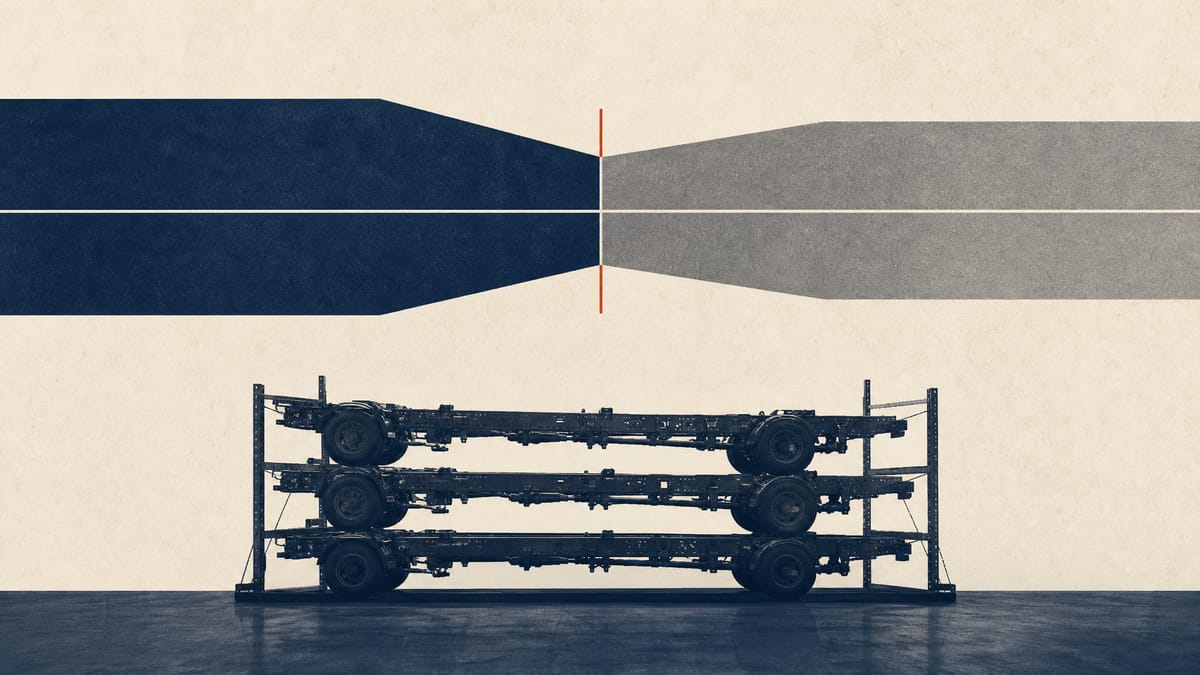 Abstract illustration of two ownership blocks narrowing to an equal split above rows of heavy-truck chassis frames, representing two automakers each reducing their shareholding to the same percentage.