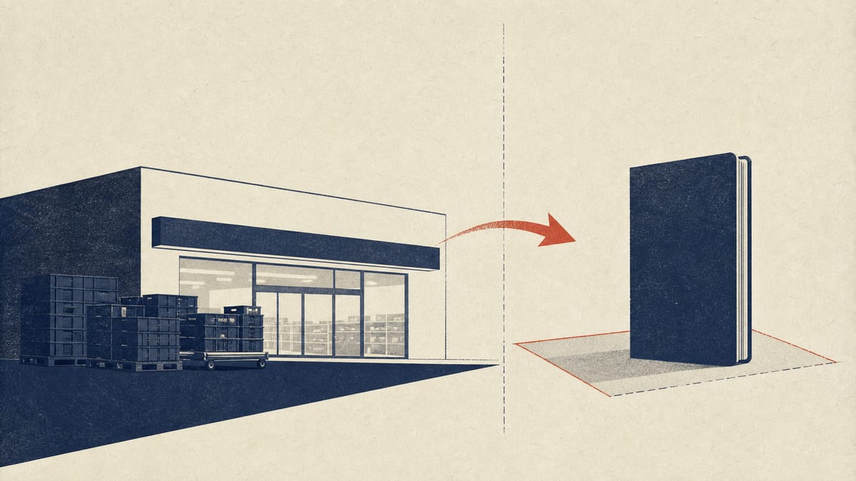 Illustration of a supermarket exterior with delivery crates, overlaid with a diagram showing the store's real estate being separated from its retail operations.