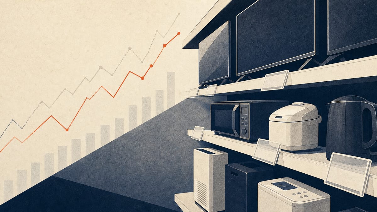 Editorial illustration of an electronics retail store aisle overlaid with abstract shareholding percentage graphics, symbolizing an investor group's rising stake.