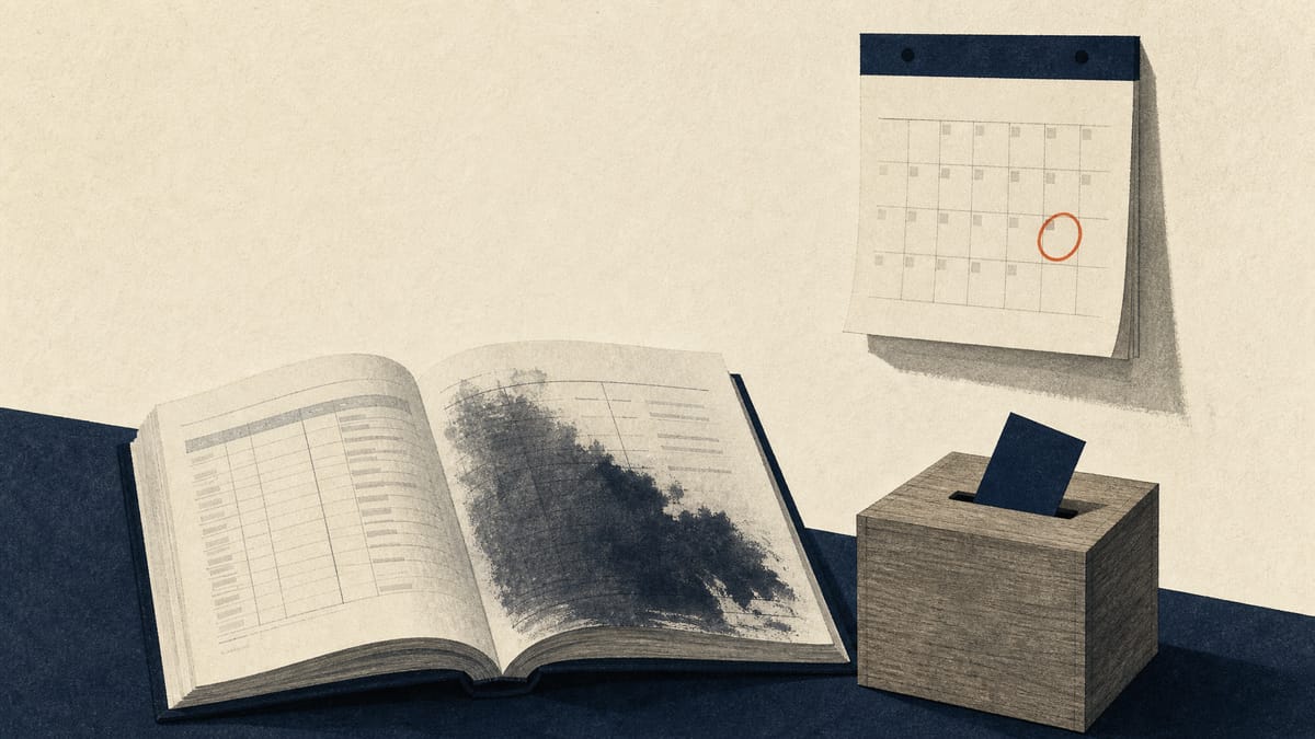 Illustration of an open ledger, a shareholder ballot box, and a calendar with one date marked, symbolizing a company's audit disclaimer and the resulting shareholder vote.