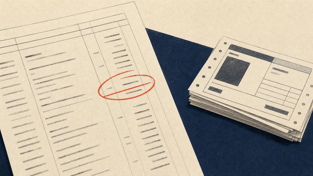 Illustration of a corrected line item on a financial ledger page next to a stack of advertising order slips, representing an accounting restatement.