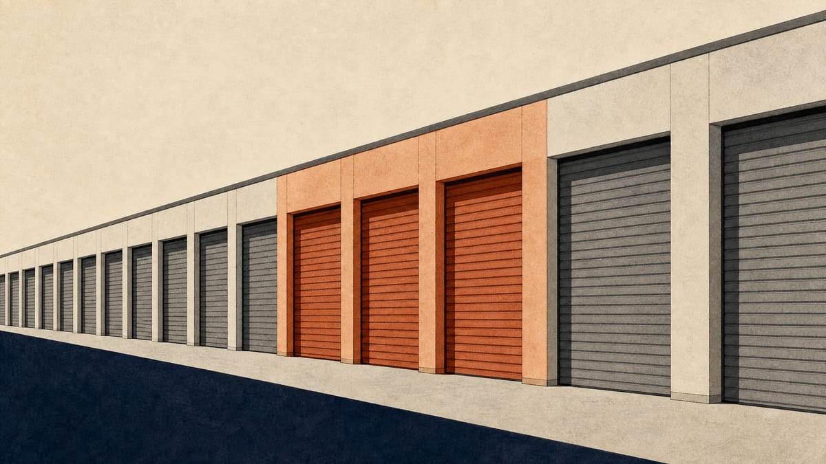 Rows of self-storage unit doors representing a change in corporate ownership of a Japanese storage operator.