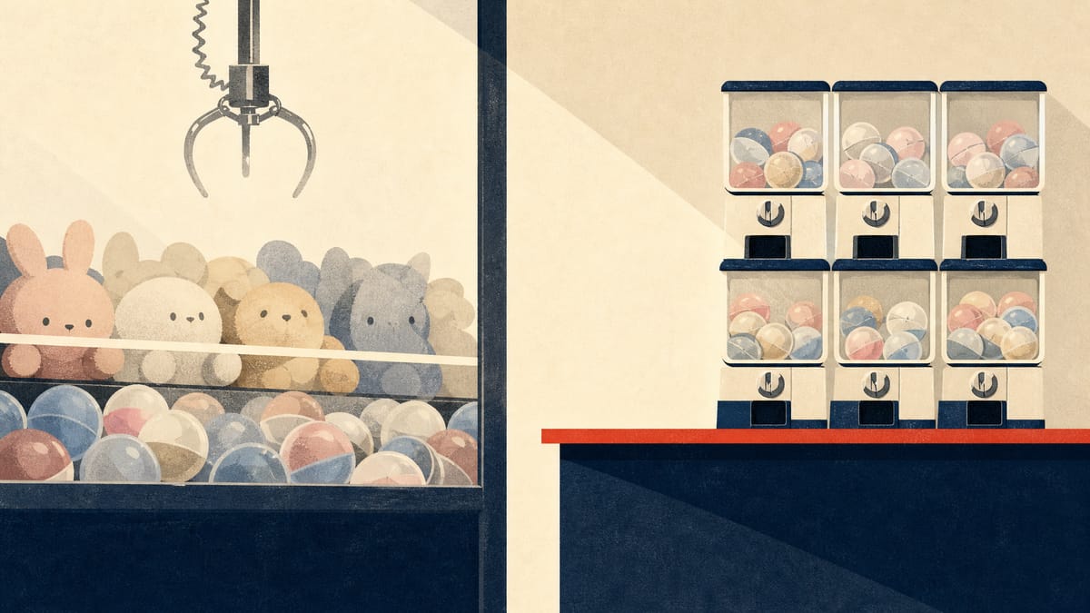 An arcade claw machine filled with pastel plush toys and prize capsules, representing a Japanese arcade operator's licensed-character merchandise business.