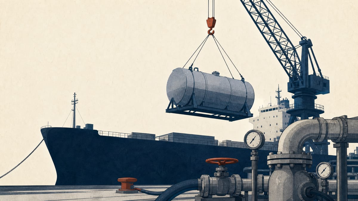 Illustration of a fuel-tank module being installed on a cargo ship at a Japanese port, representing Japan's zero-emission vessel subsidy program.