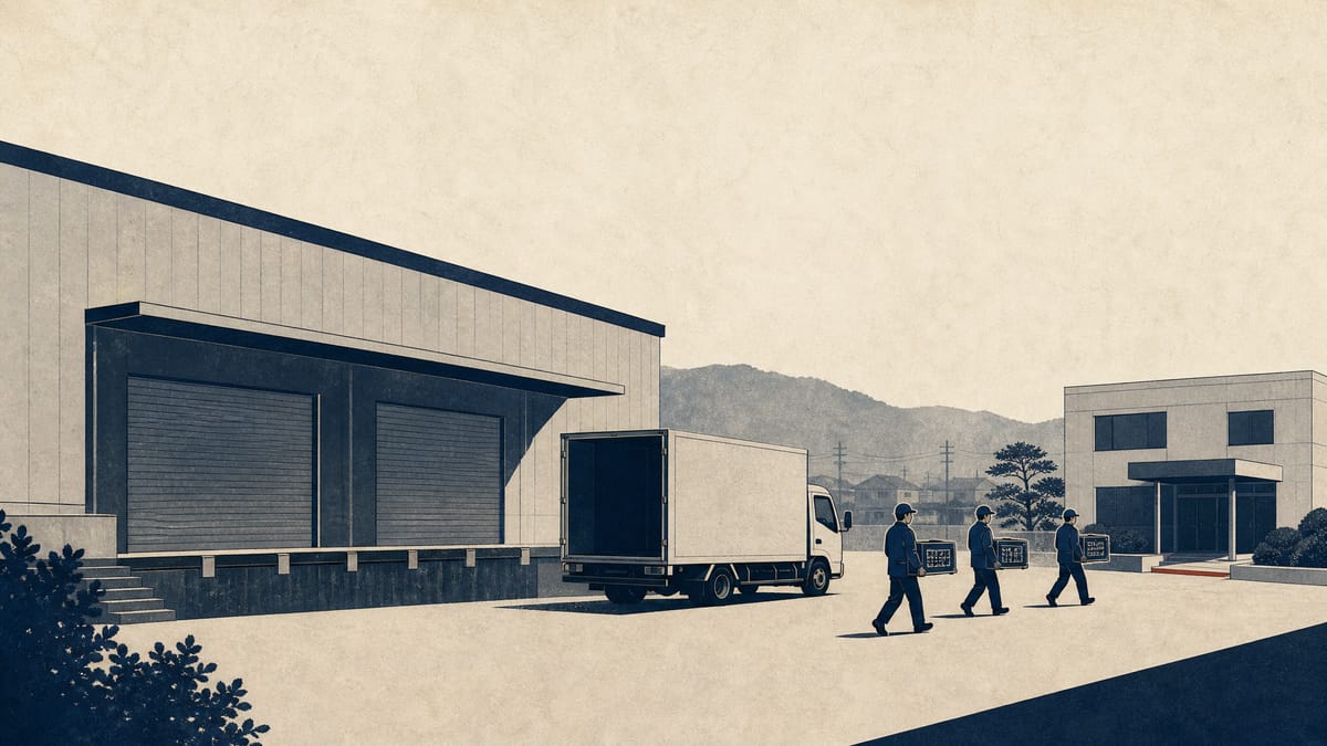 Exterior of a shuttered display factory building with a moving truck at the loading dock, as workers carry equipment cases toward a nearby office building.