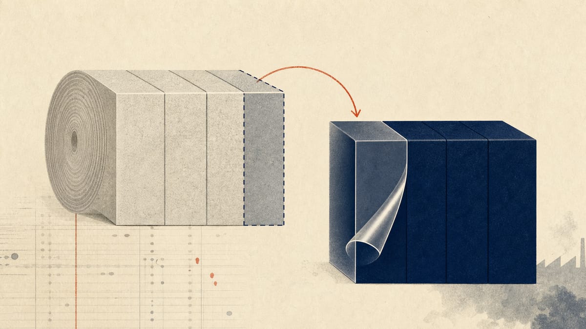 Abstract illustration of a share block flowing from a paper-textured shape into an adhesive-film-textured shape, representing a corporate share buyback and stake sale between two Japanese manufacturers.