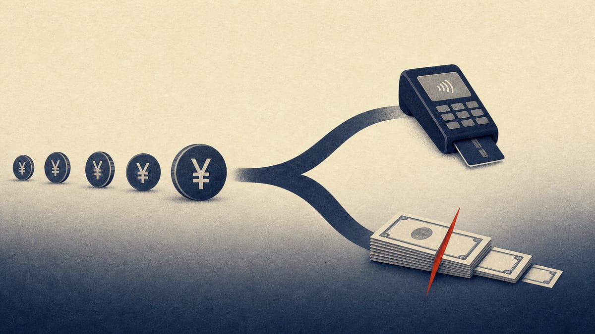 Illustration of a yen fund flow splitting between a credit-card payment terminal and a shrinking stack of share certificates, representing a bond-funded fintech investment paired with a share buyback.