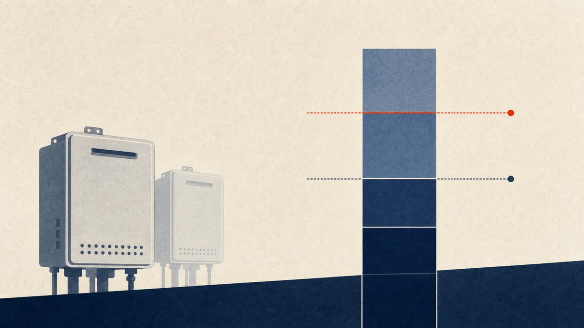 Editorial illustration of an ownership percentage bar rising past an 11% threshold marker, with small water-heater unit icons in the background representing Noritz.