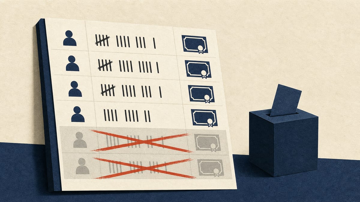 Illustration of a shareholder voting ledger with two rows of voting rights greyed out to represent excluded insider votes.