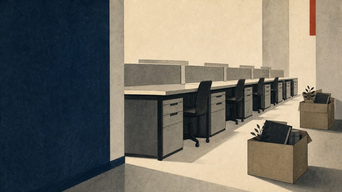 Empty desks and stacked boxes in an office, representing employees departing under a corporate early-retirement program.