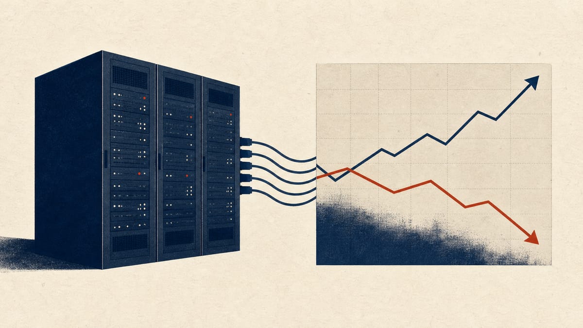 Illustration of server racks connected to an abstract chart showing one rising and one falling line, representing a small Tokyo software company's stock listing and profit guidance.