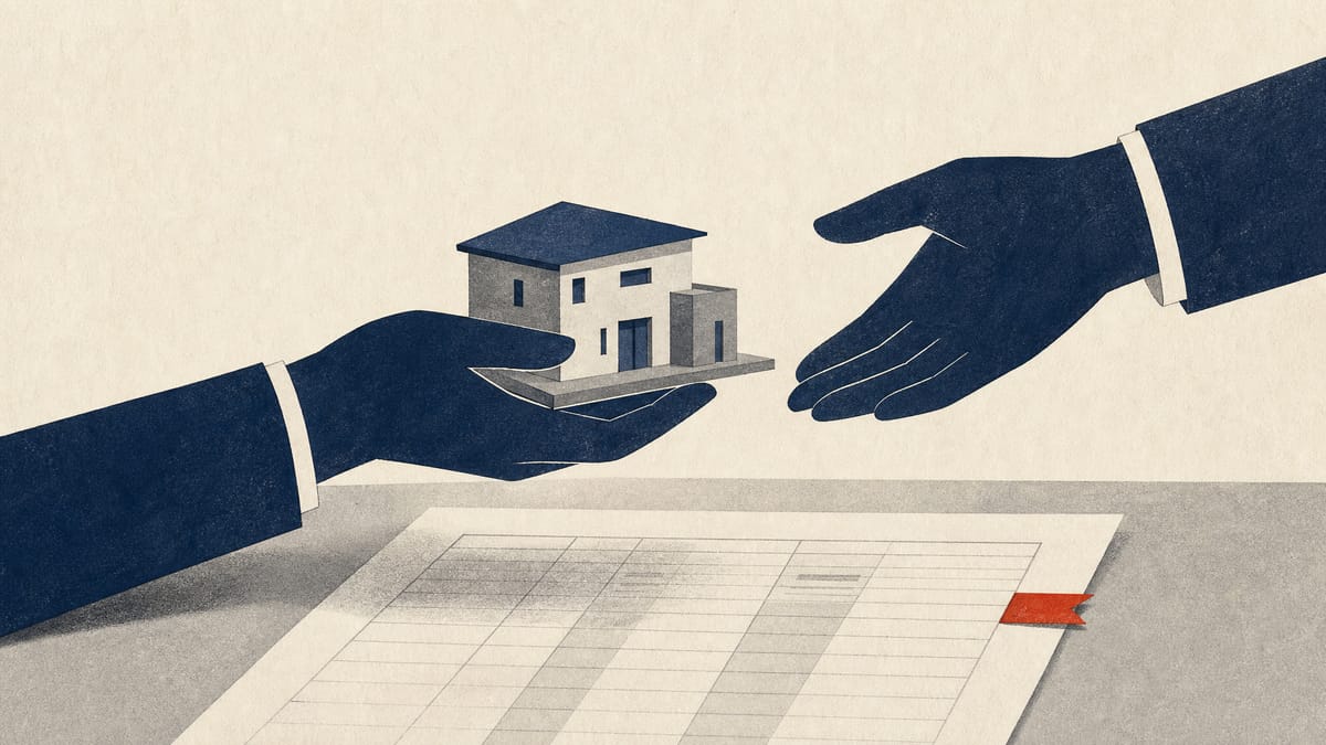 Illustration of a small model house being exchanged between two hands over a ledger page with a red warning tab marking one flagged transaction line.