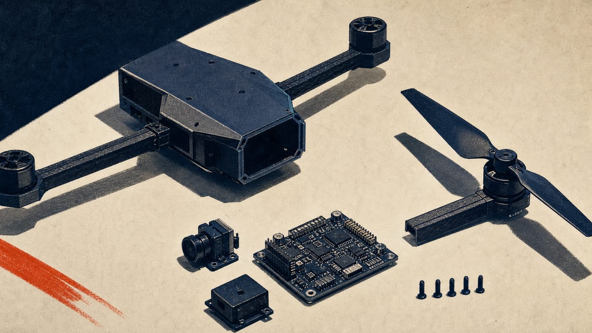 Drone rotor arms and circuit boards arranged on an assembly bench in an industrial workshop.
