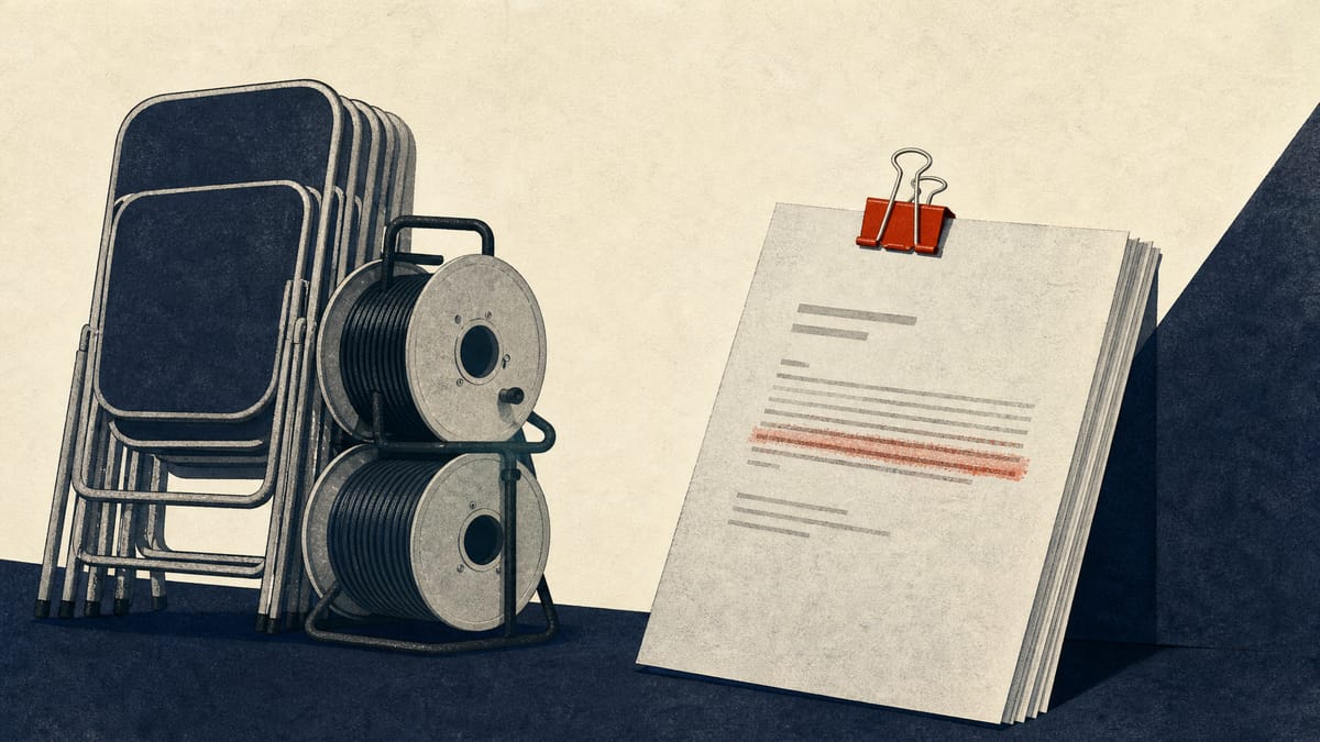 Editorial illustration of folded event-staging equipment beside a marked contract clause, symbolizing a corporate penalty-clause lawsuit tied to an events services contract.