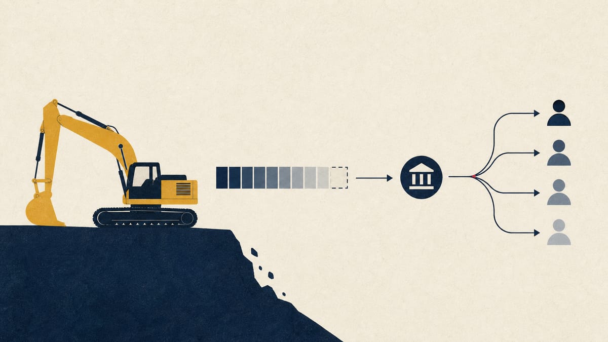 Editorial illustration of a construction-excavator silhouette next to an abstract diagram showing an ownership percentage bar shrinking to zero as it passes through a brokerage node and splits toward several investor icons.