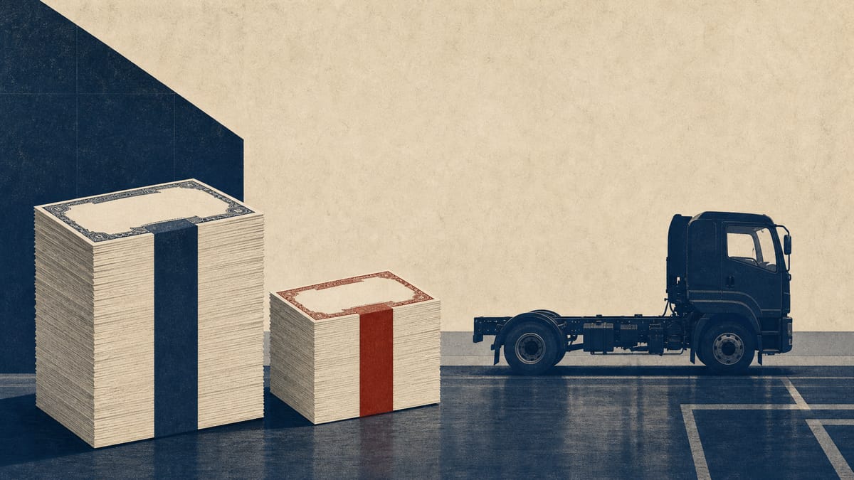 Illustration of two bond certificate stacks of different sizes next to a truck chassis on an industrial floor, representing a corporate bond financing.