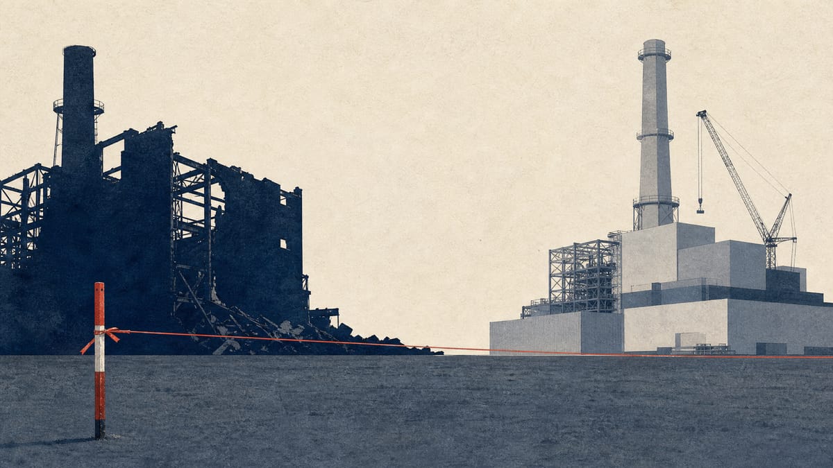 Illustration of an old power plant structure being replaced by a new unit on the same site, with a measuring line marking a distance boundary between them.