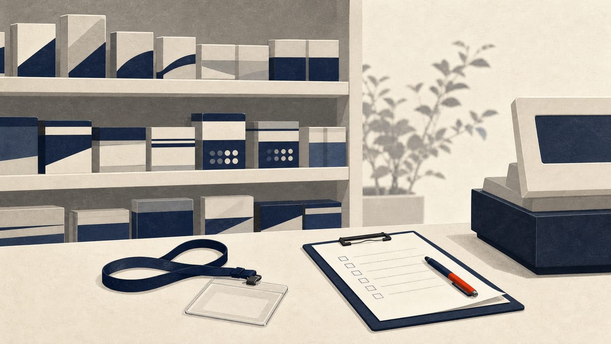 Editorial photo illustration of a drugstore shelf with unlabeled pain-reliever boxes, a sales clerk's badge, and a checklist clipboard on the counter.