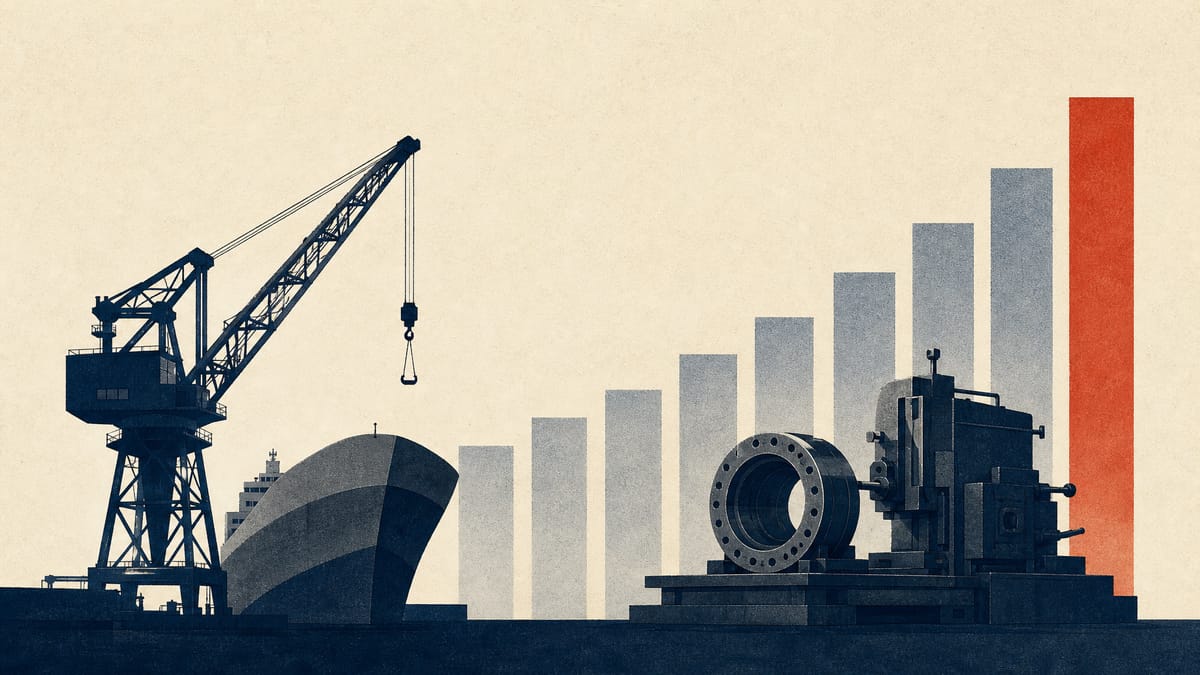 Editorial illustration of shipyard cranes and industrial machinery beside an abstract rising bar chart representing a corporate bond issuance ceiling.