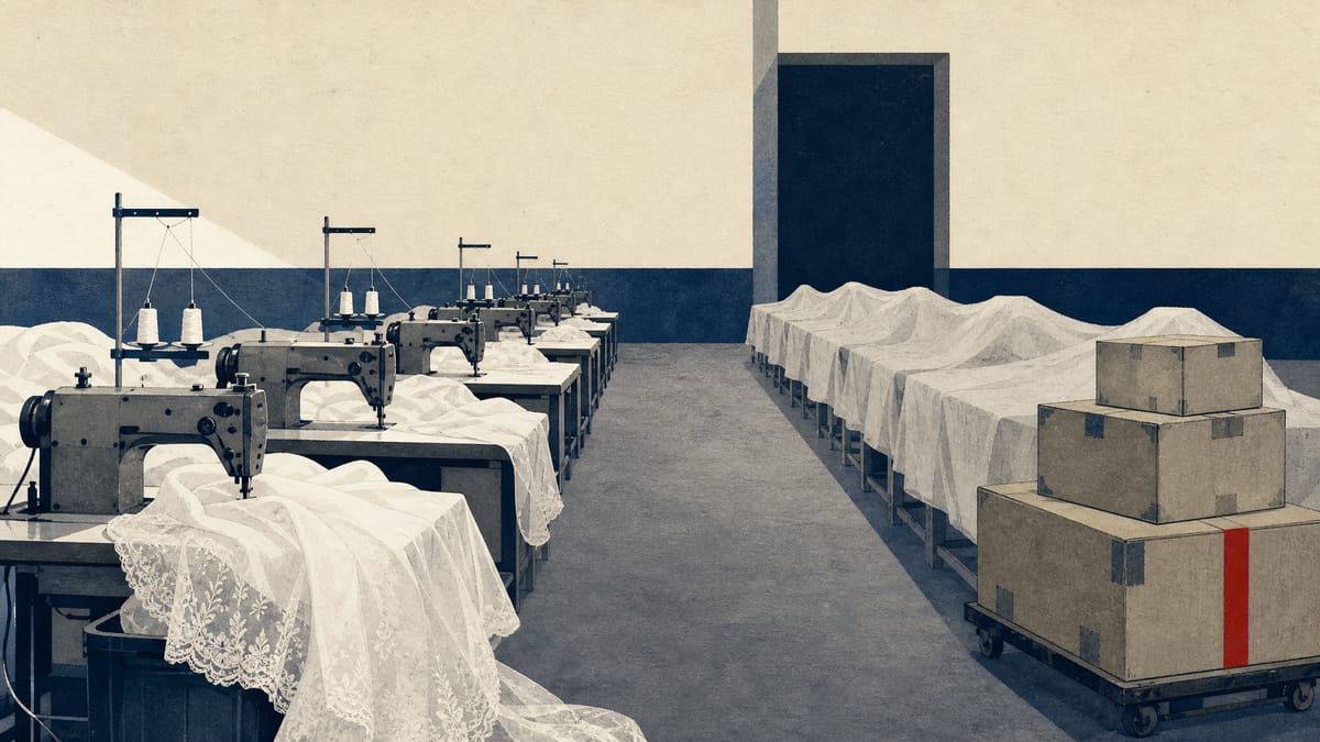 Editorial illustration of a wedding-dress factory floor with some sewing stations shut down and packing crates stacked nearby, suggesting a manufacturing shift.