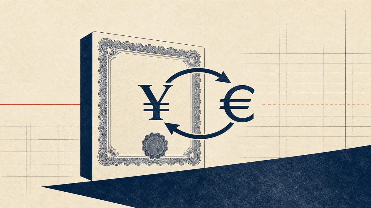 Illustration of a bond certificate motif linking yen and euro currency symbols against a faint financial ledger grid.