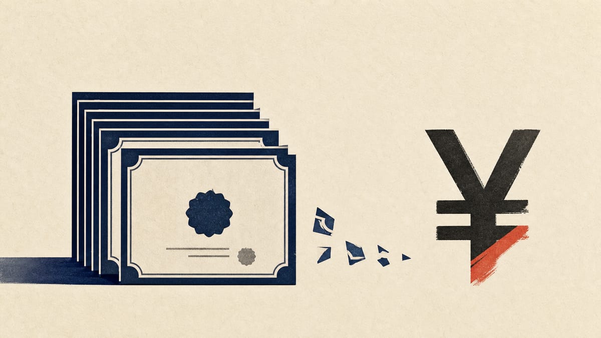 Illustration of a shrinking stack of stock certificates next to a yen symbol, representing Mercari's completed share buyback and scheduled share cancellation.