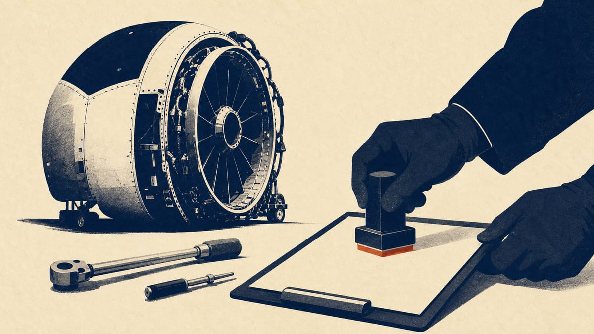 A maintenance worker's gloved hands stamp a technical bulletin document beside an aircraft engine cowling in a hangar.