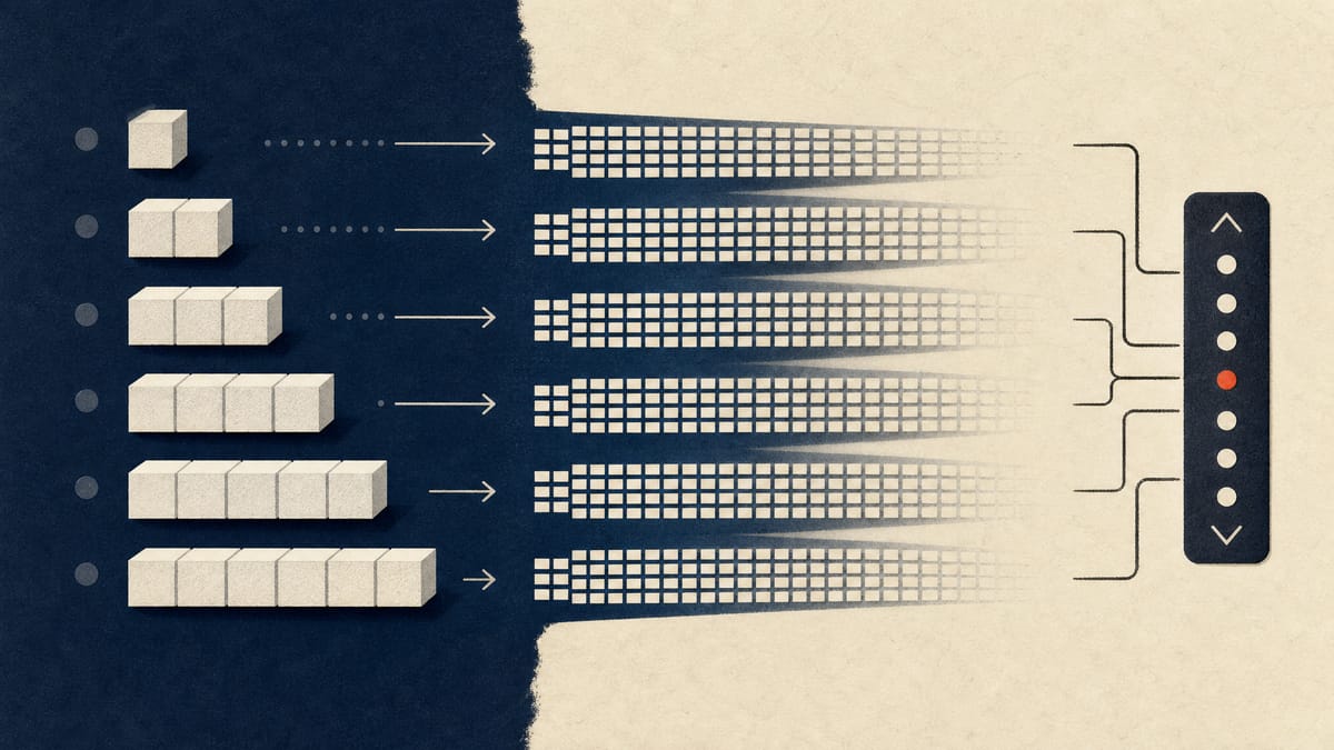Abstract illustration of an exchange order book showing unit blocks splitting into smaller stacks across six ETF ticker rows, with a lot-size counter rising from one to ten.