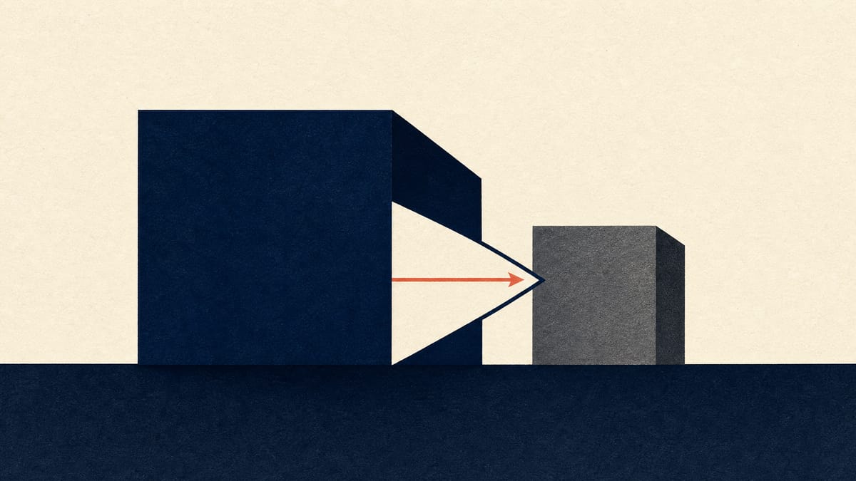 Abstract illustration of a smaller gray ownership block merging into a larger navy block, symbolizing a parent company absorbing its listed subsidiary through a share exchange.