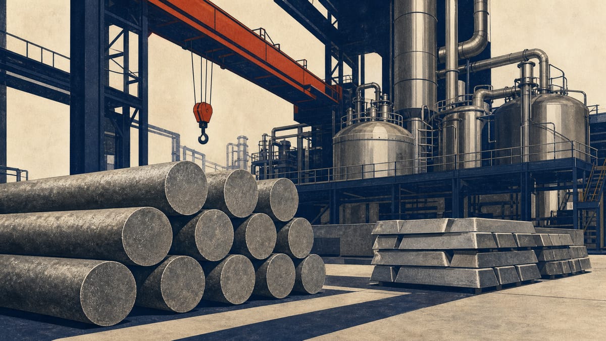 Sponge titanium and metal ingots stacked in an industrial metals plant, with overhead cranes and processing equipment in the background.