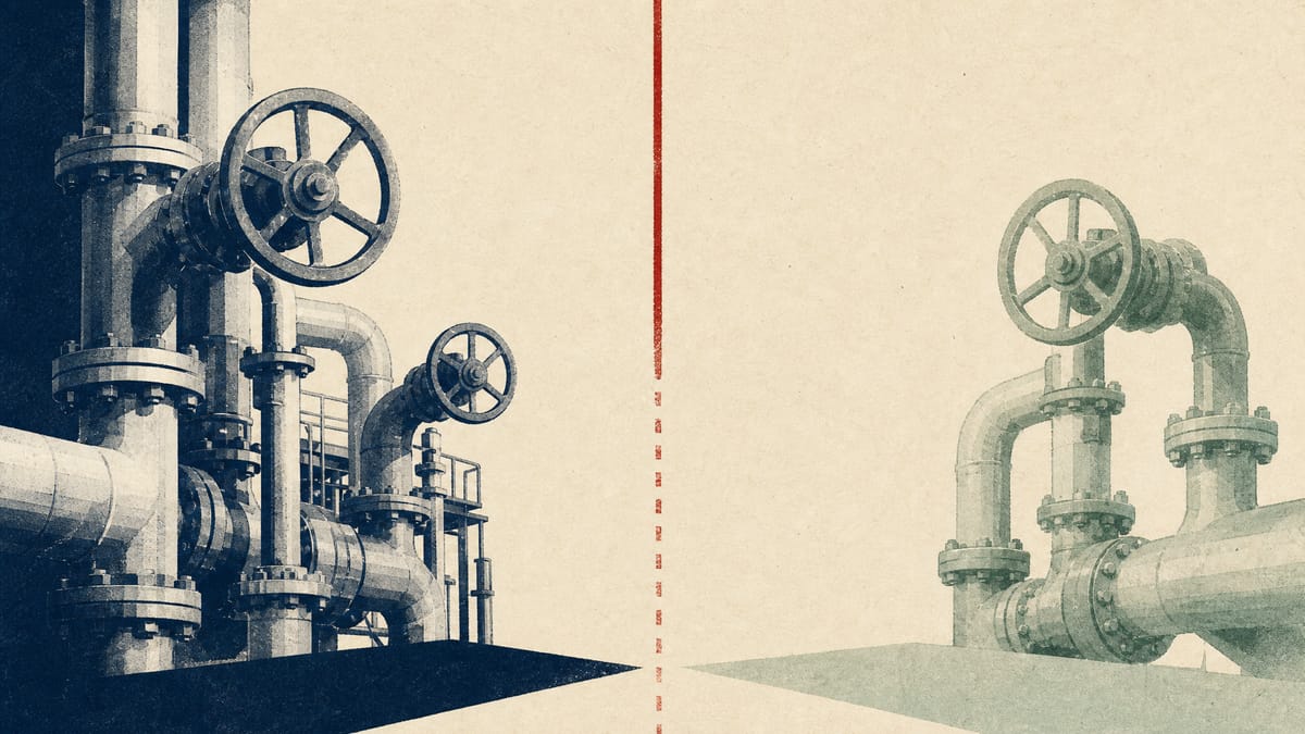 Editorial illustration of petrochemical plant piping split visually by a faint ledger line, representing a company being separated from its parent through a share distribution.