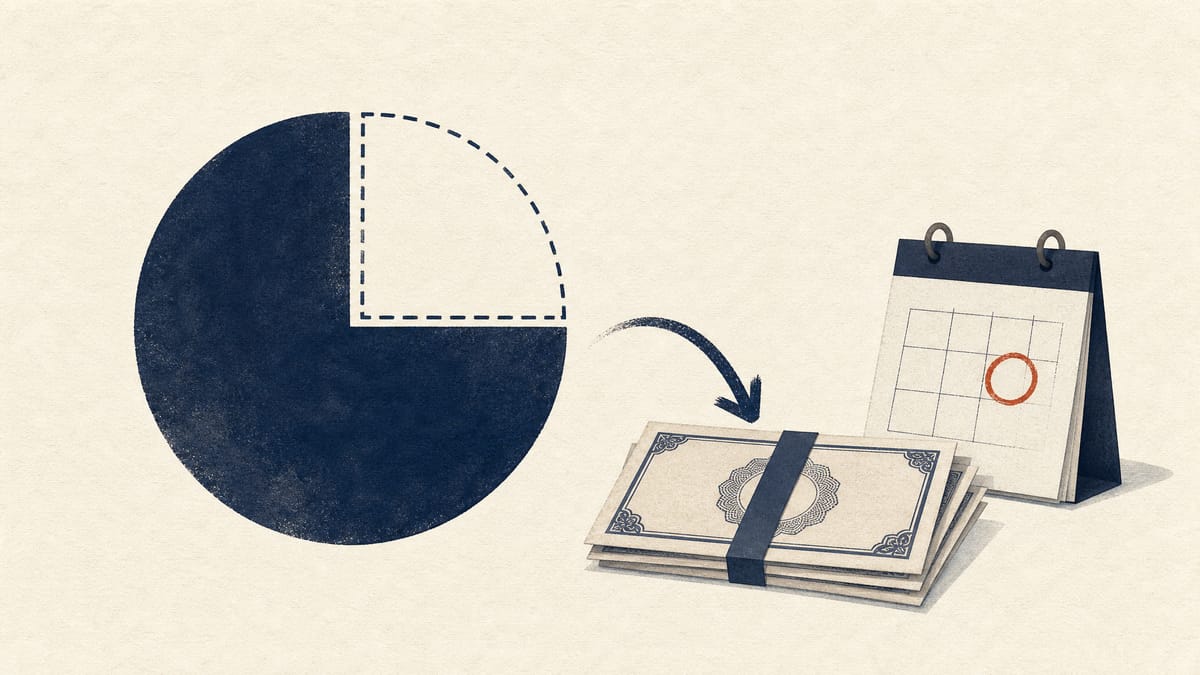 Abstract illustration of a shareholder ownership diagram shrinking to zero next to stacked stock certificates and a calendar date marker, representing a full exit from a company stake via tender offer.