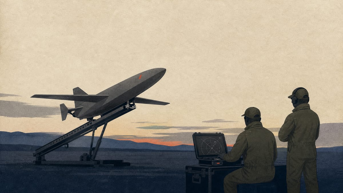 A small interceptor drone on a launch rail at a test range while technicians monitor a radar control console.