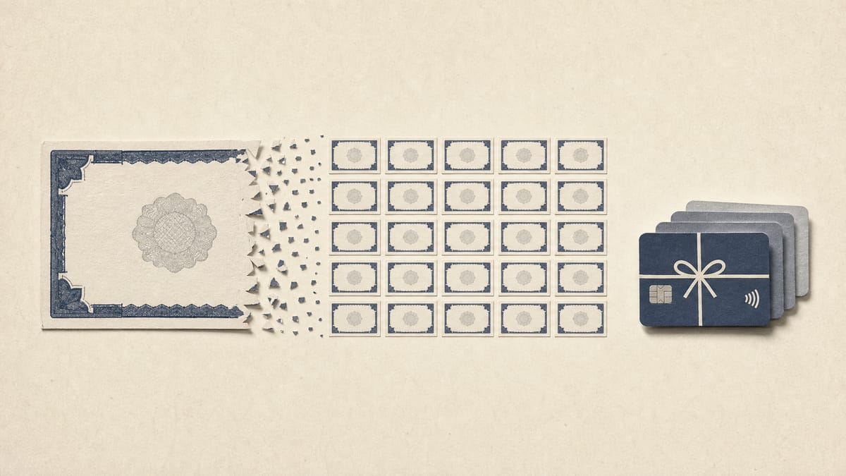 Editorial illustration of one stock certificate multiplying into many smaller certificates beside prepaid gift cards, representing a stock split paired with a shareholder loyalty perk.