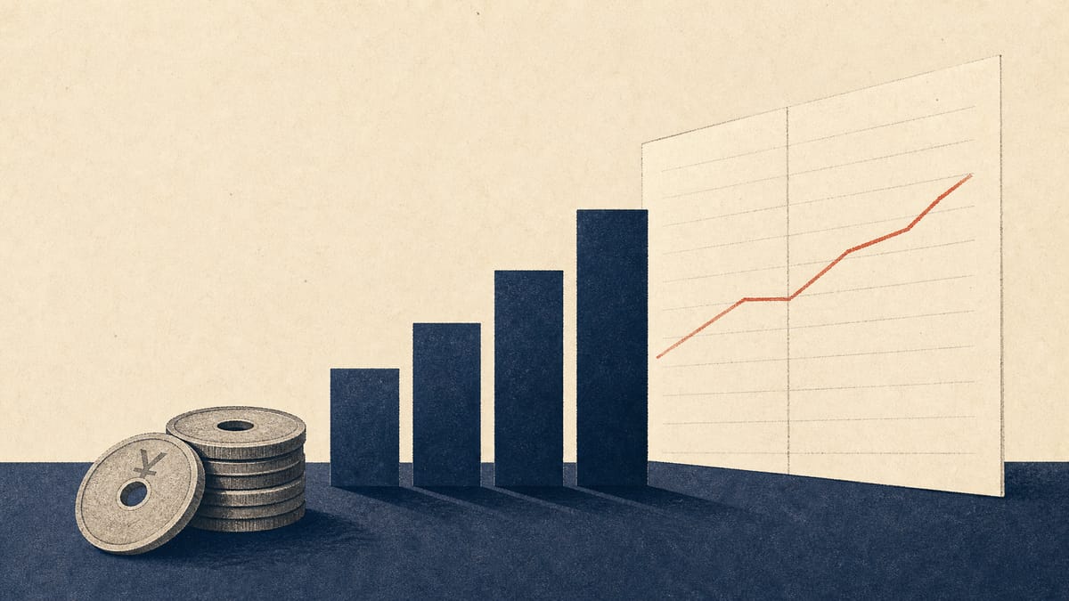 Abstract illustration of rising ownership-percentage bars and yen coins representing an investor increasing its stake in a listed company.