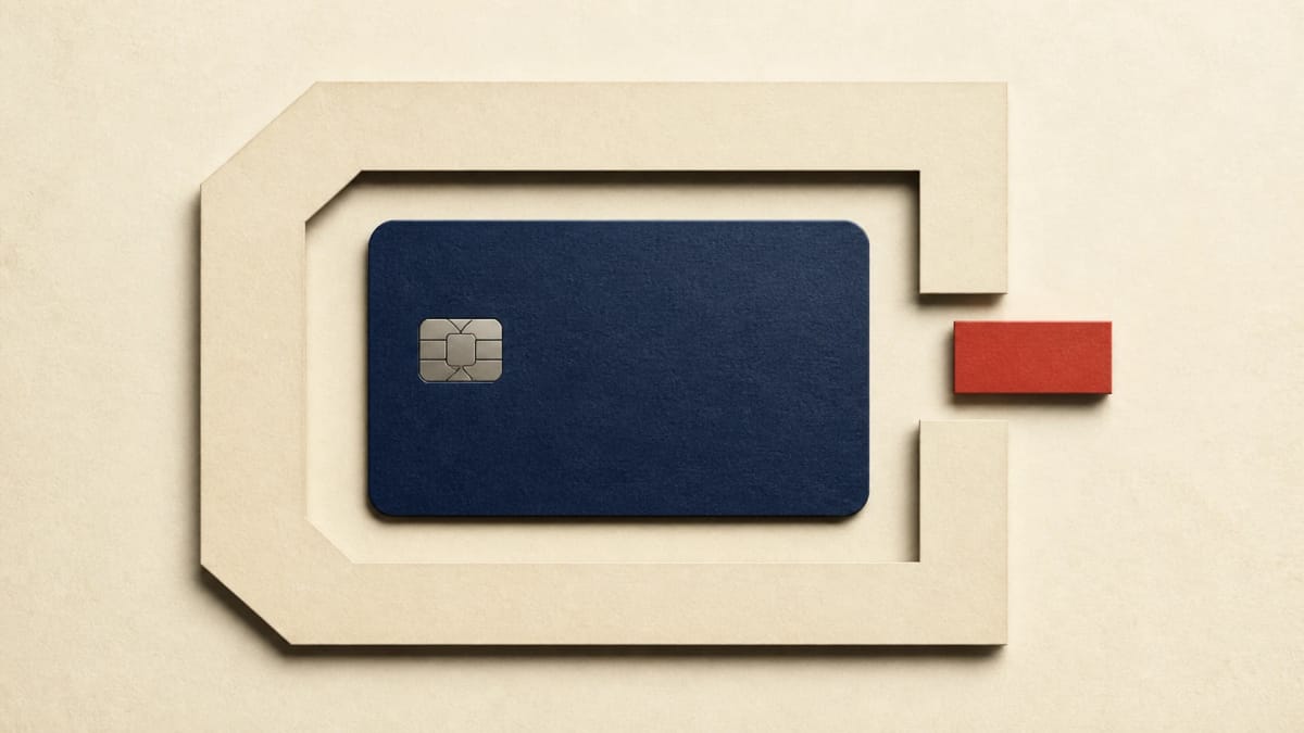 An indigo smart card inside an almost-closed frame, with a vermillion locking tab waiting outside the final gap.