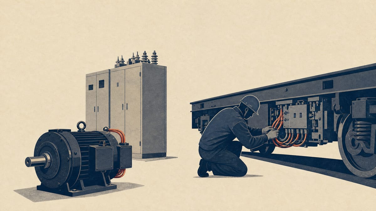 Technicians working on railway traction motor equipment and control cabinets on a factory floor, representing a rail-equipment manufacturer's operations.