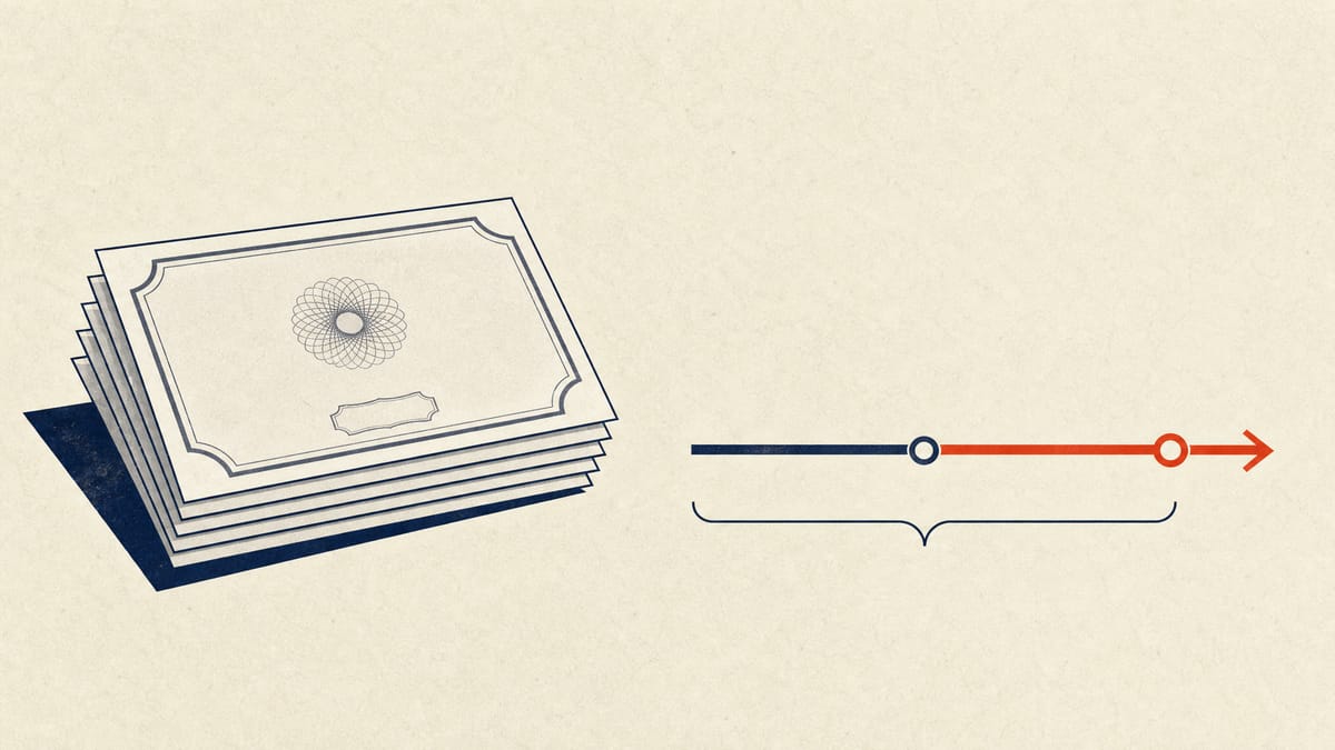 Illustration of stacked bond certificate outlines next to a timeline arrow, representing a two-year corporate bond issuance framework.